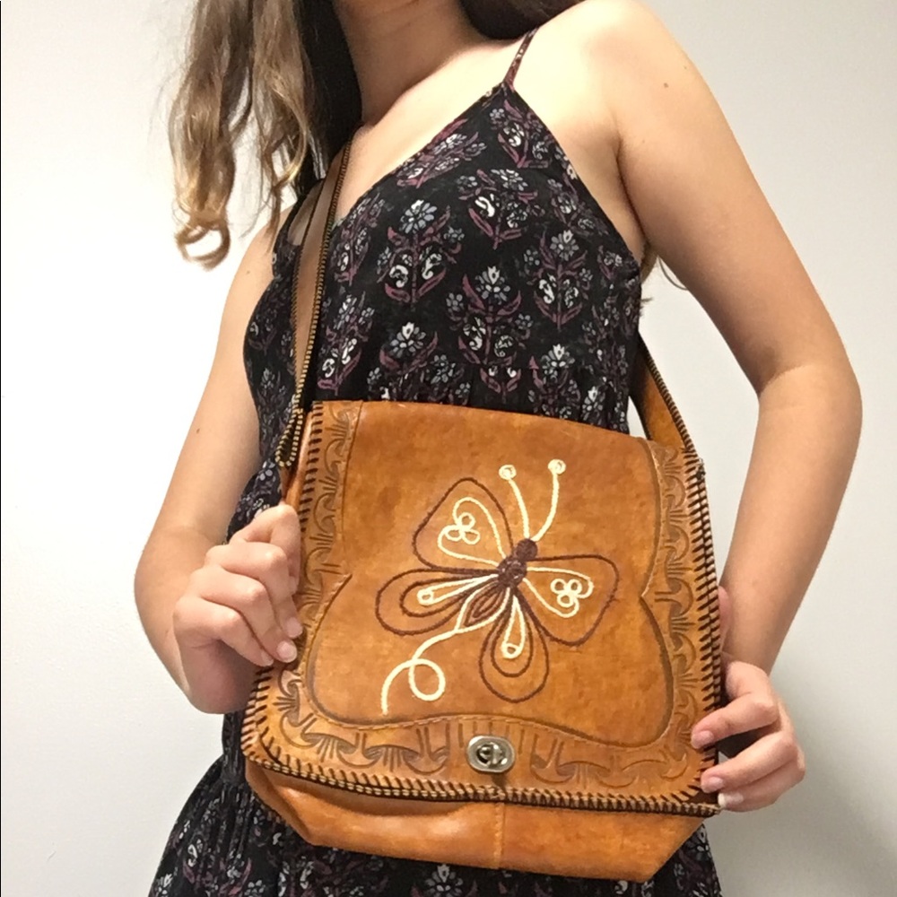 Boho Brown Vegan Leather Bag with butterfly